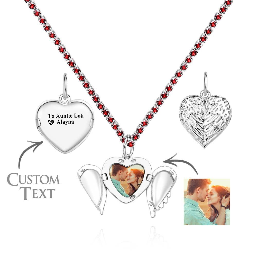 Engravable Photo Locket Necklace Tennis Chain Personalized Heart Angel Wings Gift For Her