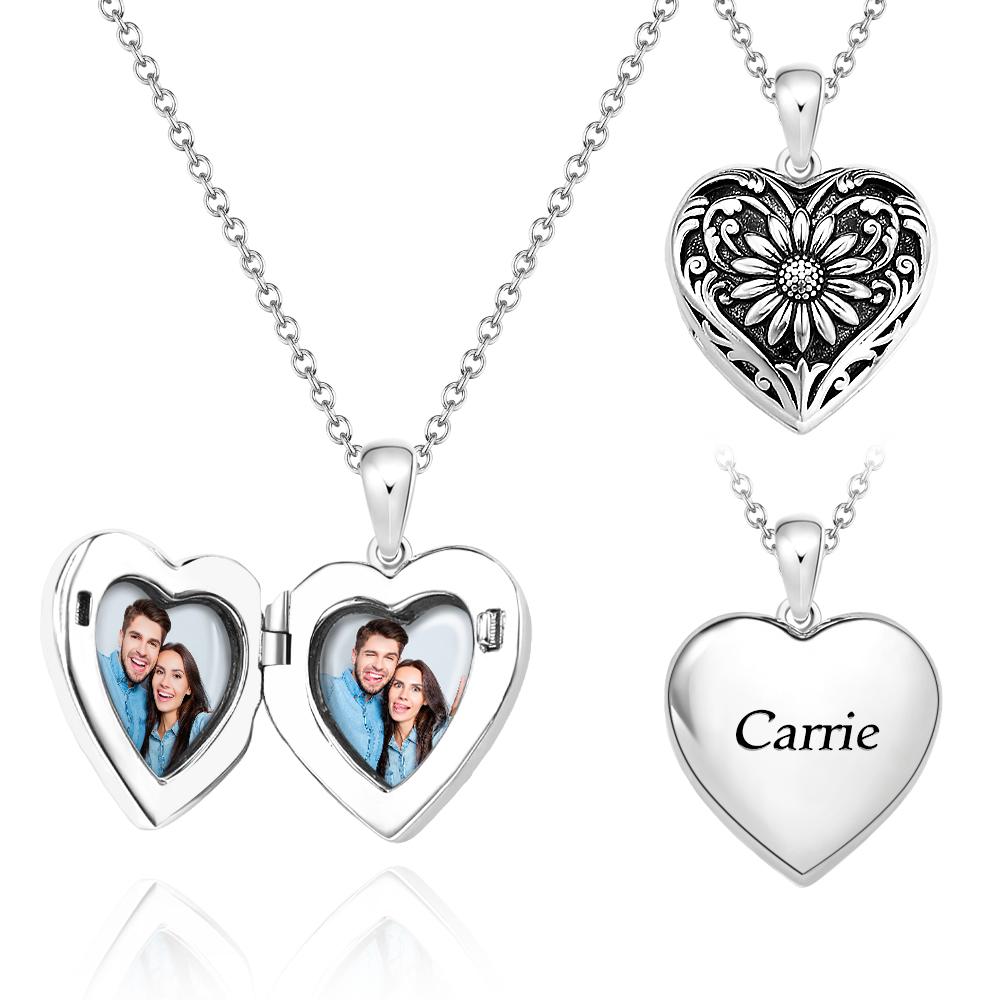 Personalized Photo Heart-Shaped Locket Necklace Retro Flower Pendant Jewelry For Her