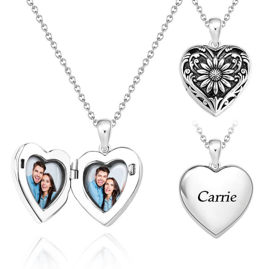 Personalized Photo Heart-Shaped Locket Necklace Retro Flower Pendant Jewelry For Her