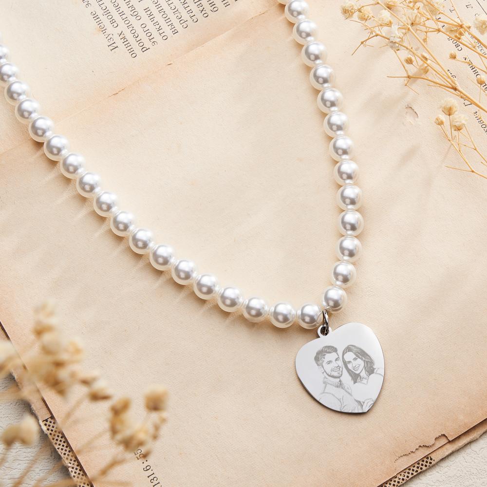 Custom Photo Engraved Necklace Pearl Chain Heart Gift