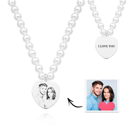 Custom Photo Engraved Necklace Pearl Chain Heart Gift