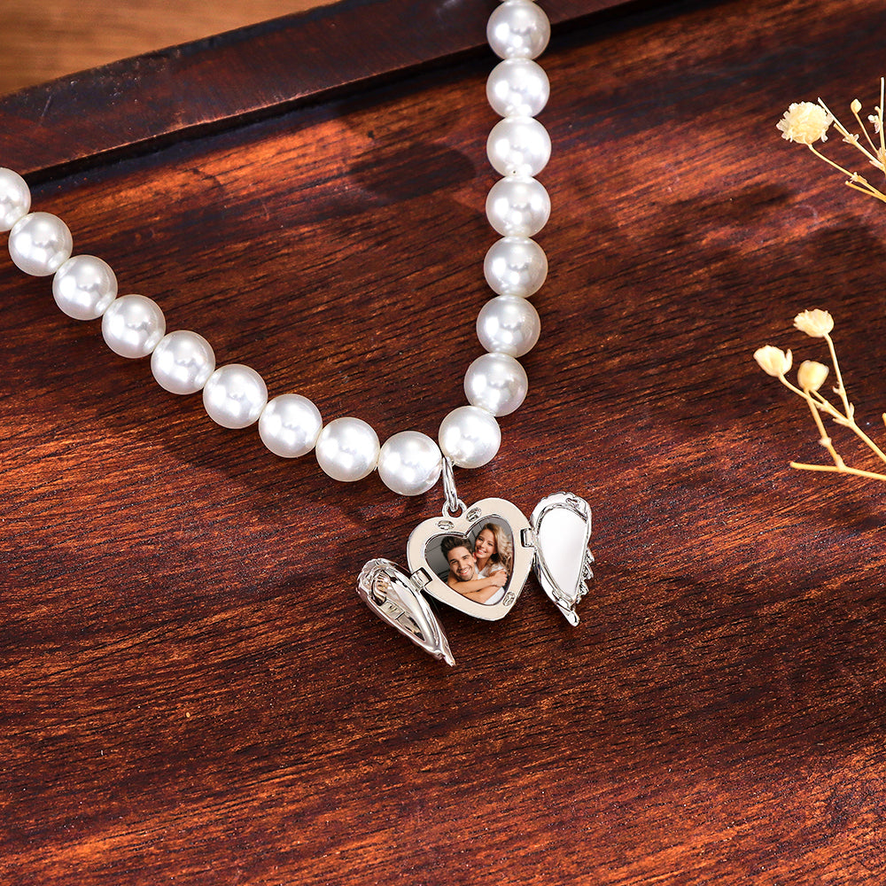Custom Photo Necklace Angel Wings Pearl Couple Gift