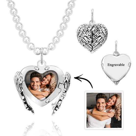 Custom Photo Necklace Angel Wings Pearl Couple Gift
