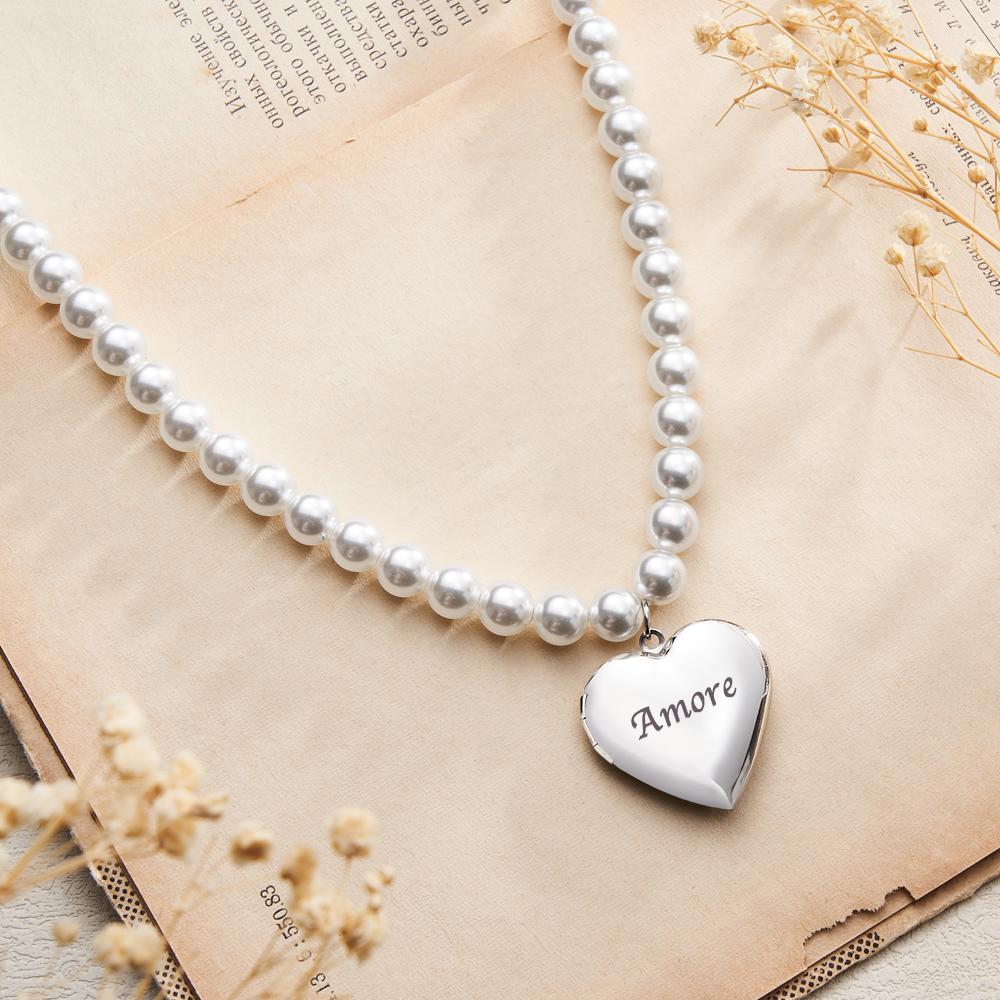 Custom Photo Engraved Necklace Pearl Heart Couple Gift