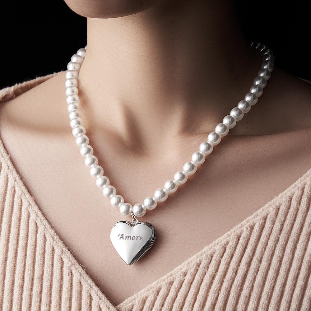 Custom Photo Engraved Necklace Pearl Heart Couple Gift