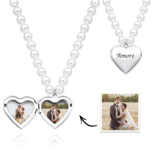 Custom Photo Engraved Necklace Pearl Heart Couple Gift