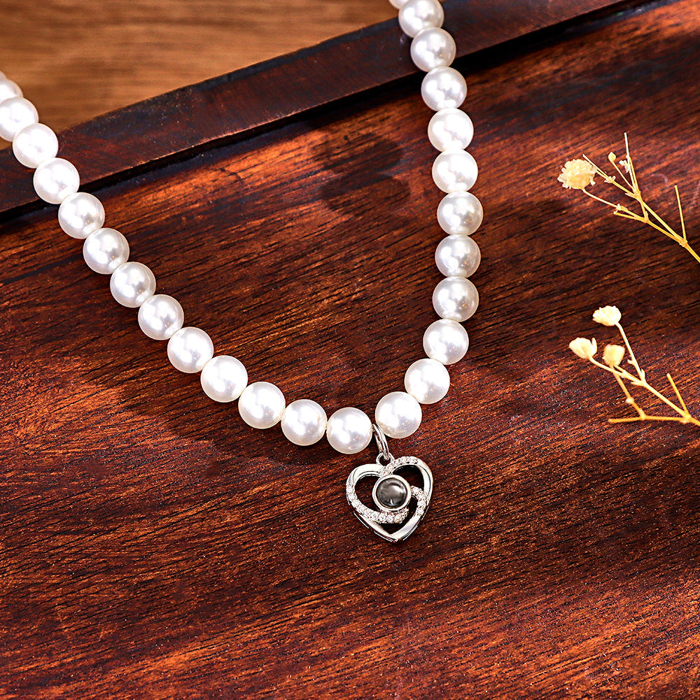 Custom Projection Necklace Pearl Chain Diamond Heart Gift