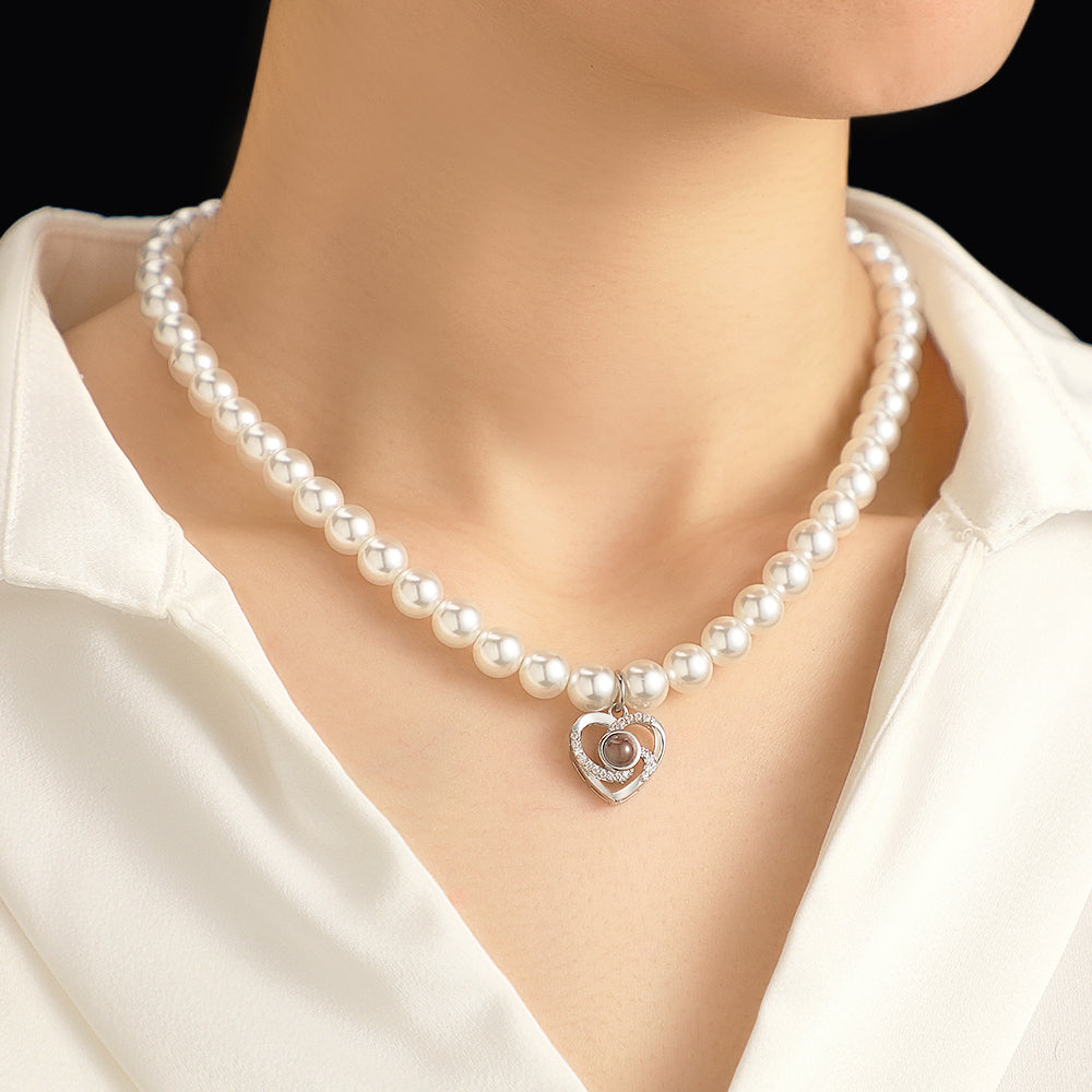 Custom Projection Necklace Pearl Chain Diamond Heart Gift