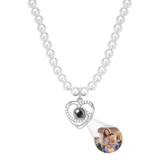 Custom Projection Necklace Pearl Chain Diamond Heart Gift