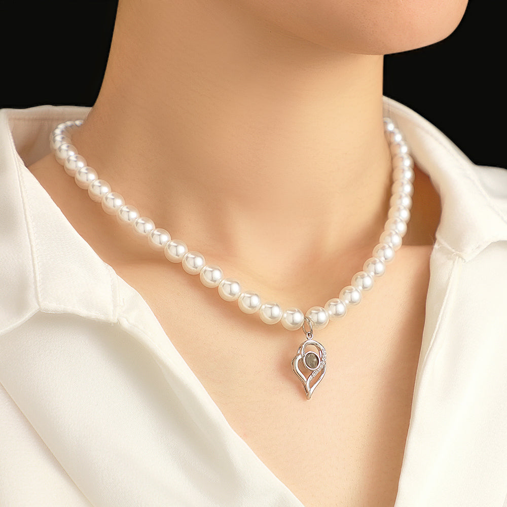 Custom Projection Necklace Double Heart Pearl Gift for Her