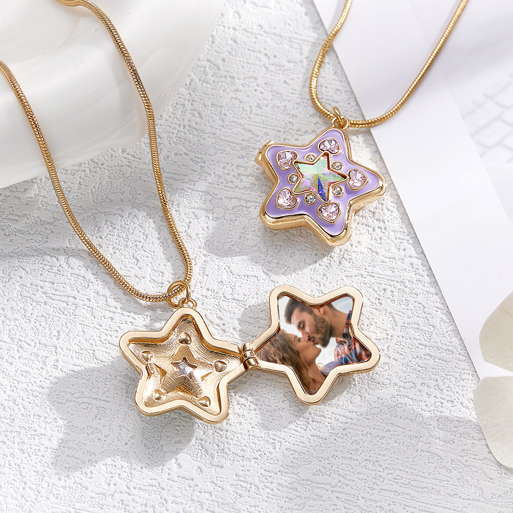 Custom Photo Starlight Shining Locket Necklace Colorful Diamond Y2K Style Pendant Love Gift