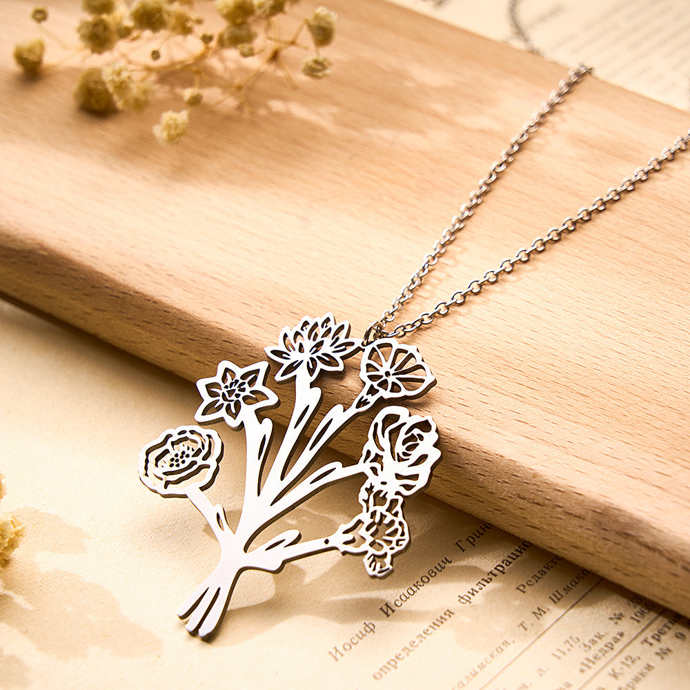 Personalized Combined Birth Flower Bouquet Necklace Gift for Mom