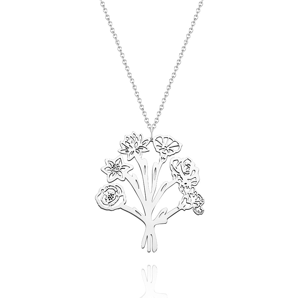 Personalized Combined Birth Flower Bouquet Necklace Gift for Mom
