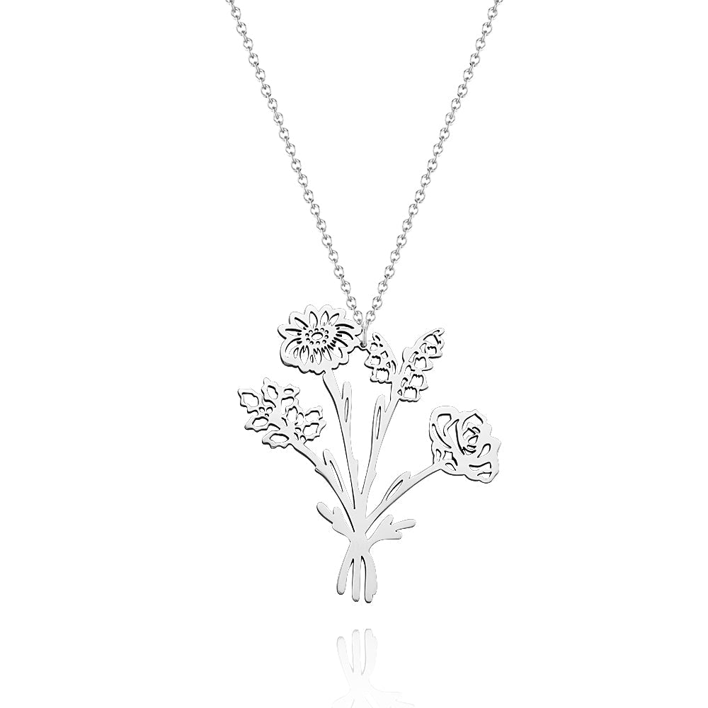 Personalized Combined Birth Flower Bouquet Necklace Gift for Mom