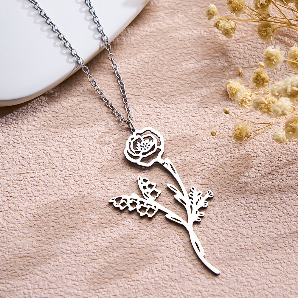 Personalized Combined Birth Flower Bouquet Necklace Gift for Mom
