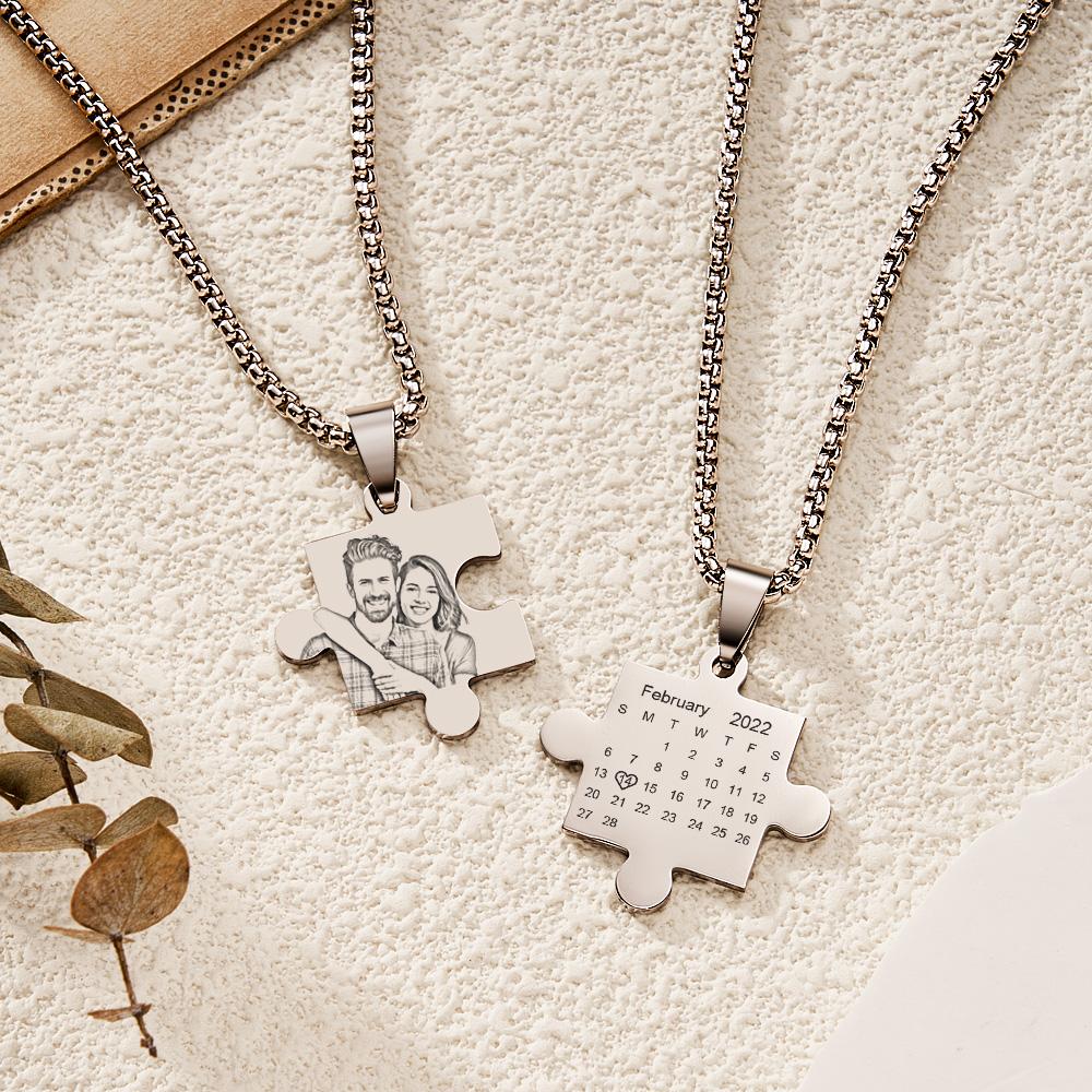 Together Forever Puzzle Necklace Couples Set Calendar Necklace Save The Date Gift for Him and Her