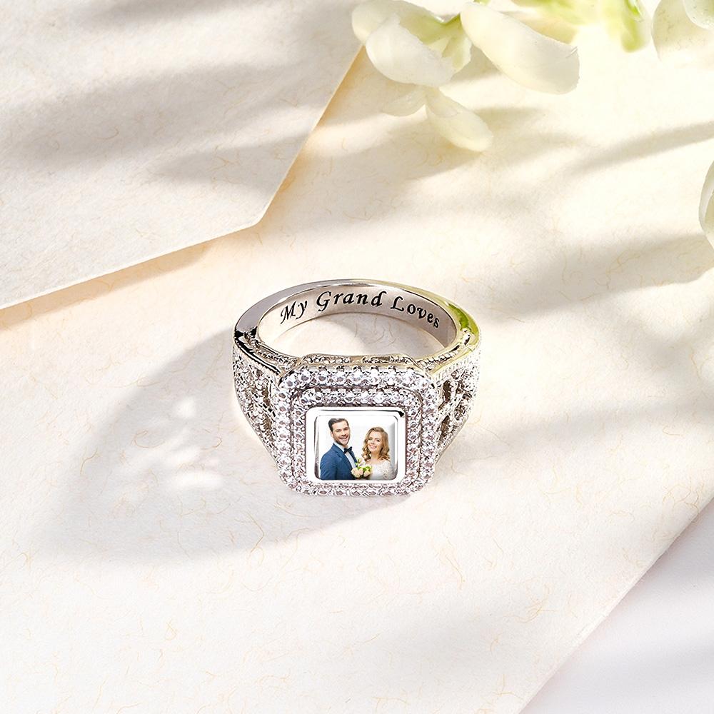 Custom Photo Zircon Ring Noble Bling Jewelry Gifts for Couples