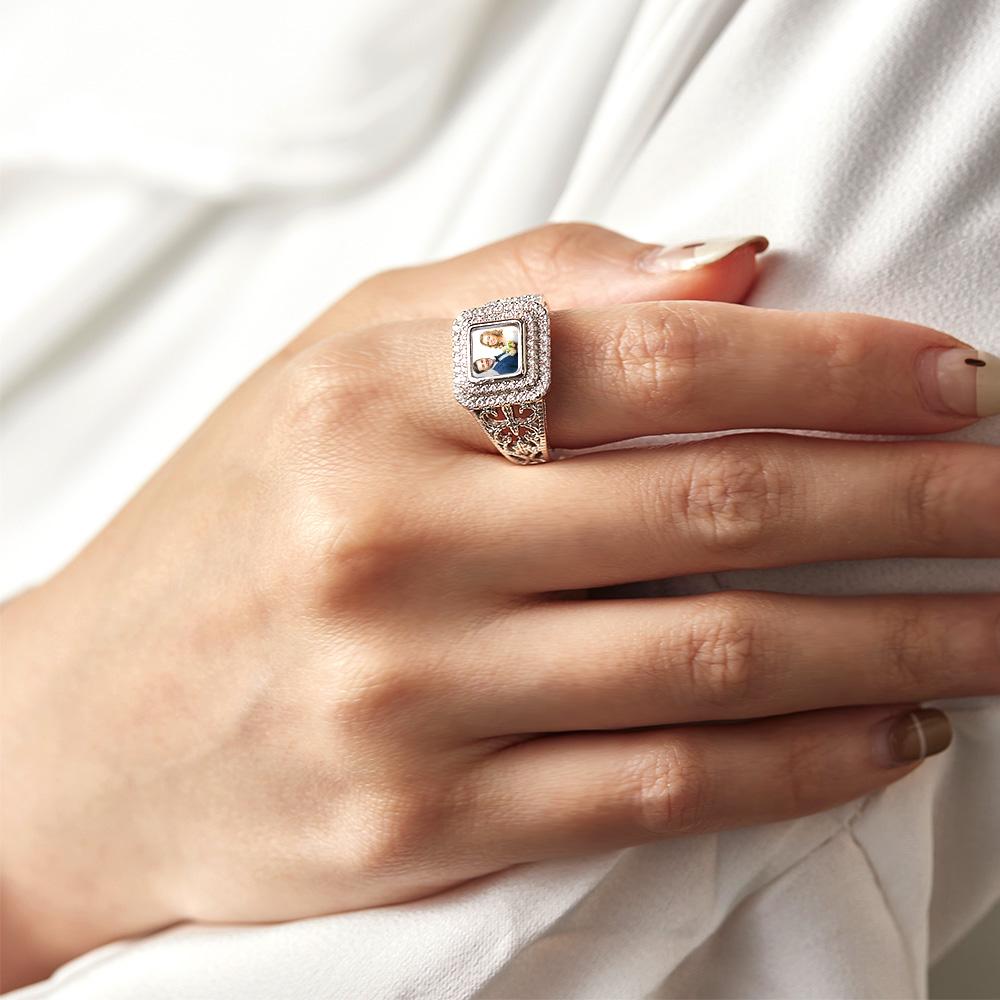 Custom Photo Zircon Ring Noble Bling Jewelry Gifts for Couples