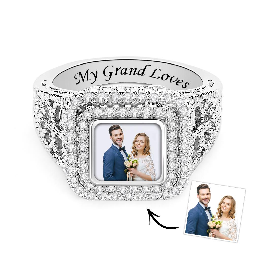 Custom Photo Zircon Ring Noble Bling Jewelry Gifts for Couples