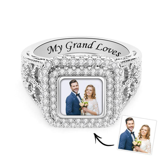 Custom Photo Zircon Ring Noble Bling Jewelry Gifts for Couples