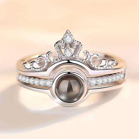I Love You Ring in 100 Languages Projection Photo Engraved Crown Ring, Romantic Gift Two in One Silver