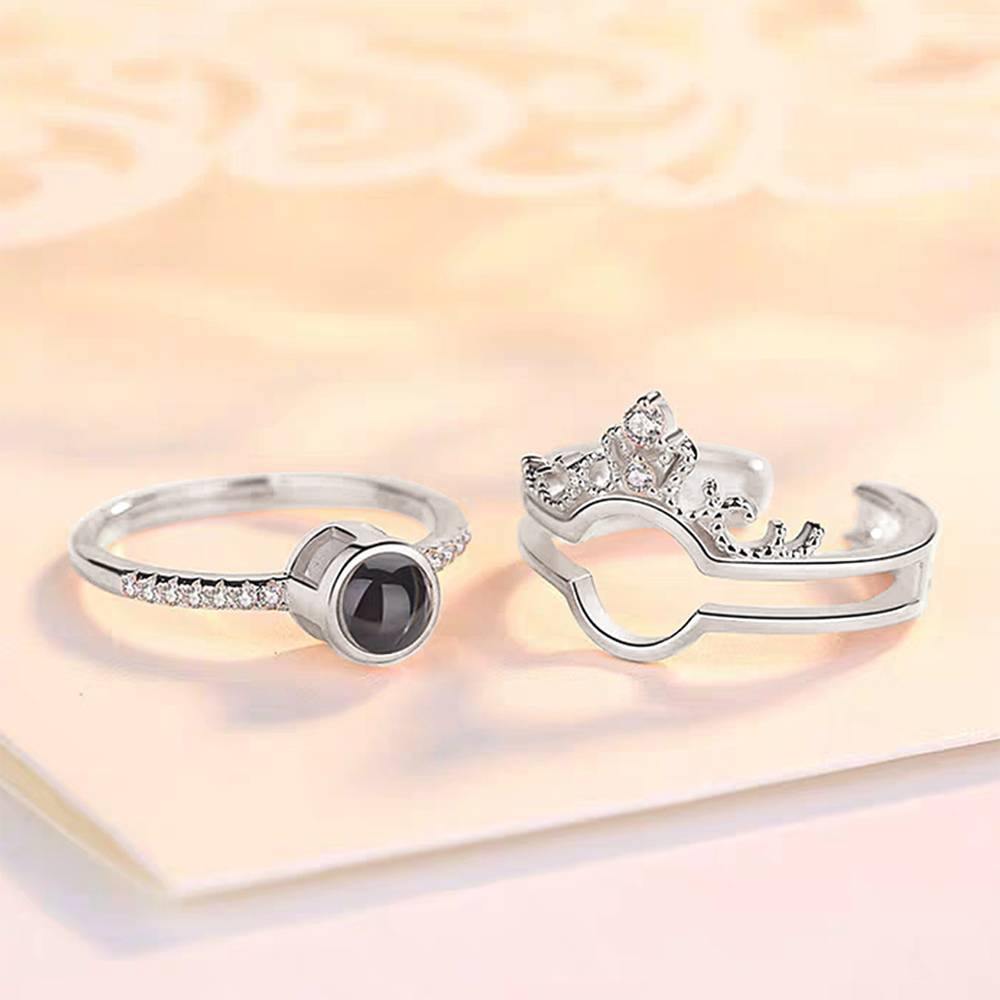 I Love You Ring in 100 Languages Projection Engraved Crown Ring, Romantic Gift Couples Two in One Silver