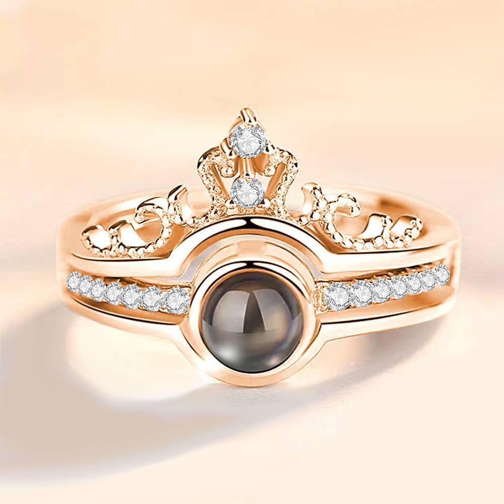 I Love You Ring in 100 Languages Projection Engraved Crown Ring, Romantic Gift Two in One Rose Gold Plated - Silver