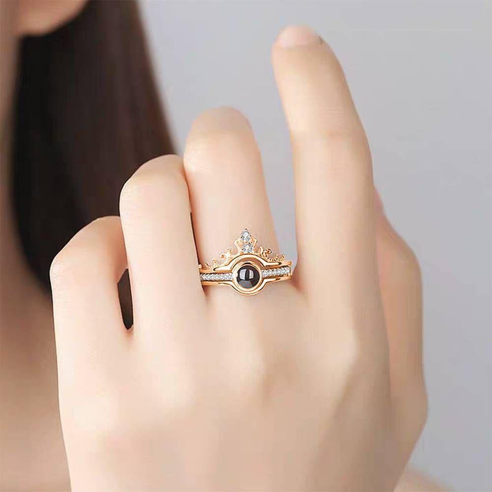 I Love You Ring in 100 Languages Projection Engraved Crown Ring, Romantic Gift Two in One Rose Gold Plated - Silver