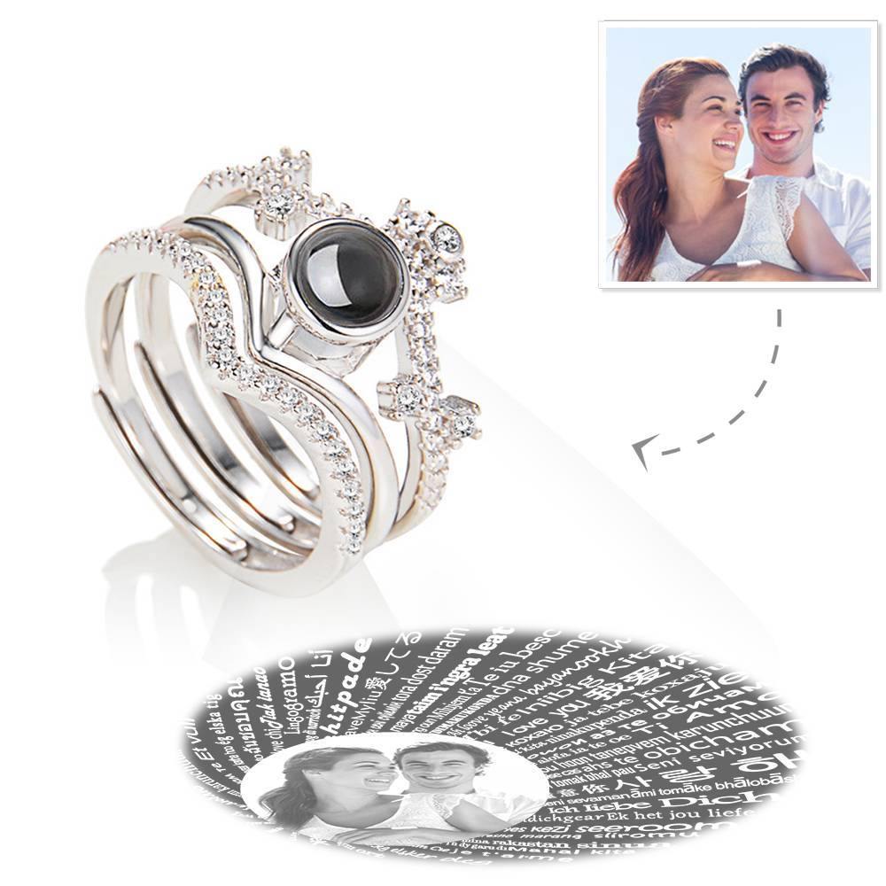 I Love You Ring in 100 Languages Projection Photo Engraved Ring, Three in One Crown Ring Silver