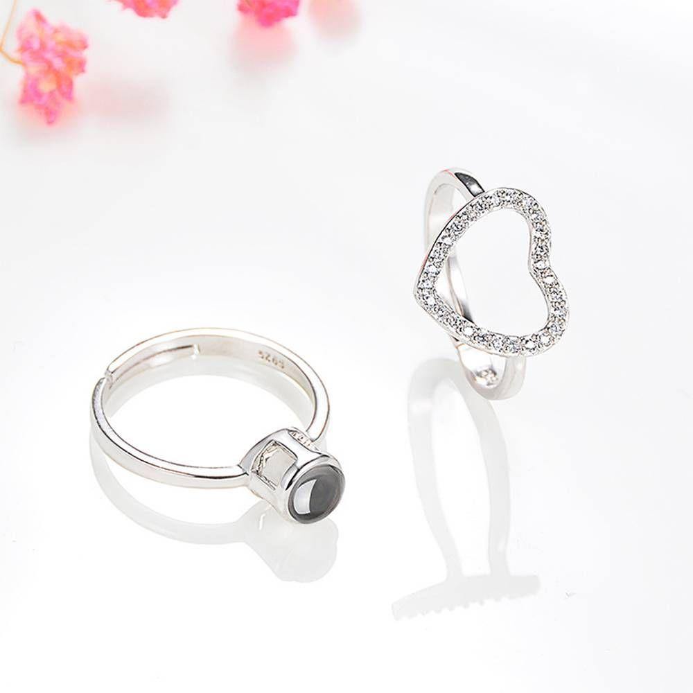 I Love You Ring Projection Photo Engraved Ring in 100 Languages, Two in One Heart-shaped Silver