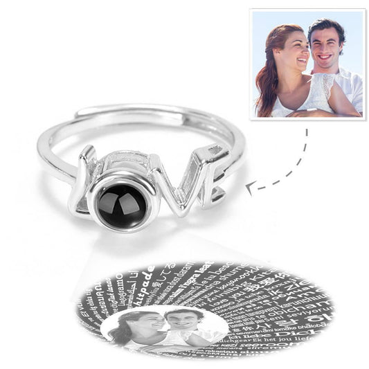 I Love You Ring Projection Photo Engraved Ring in 100 Languages, "LOVE" Ring Silver
