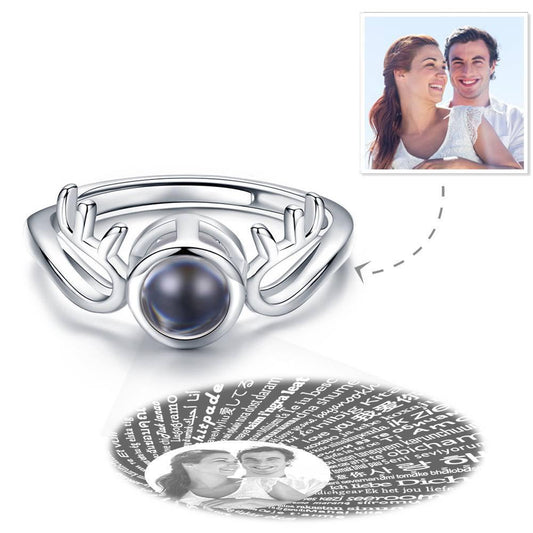 I Love You Ring Projection Photo Engraved Ring in 100 Languages, Antlers Ring Silver