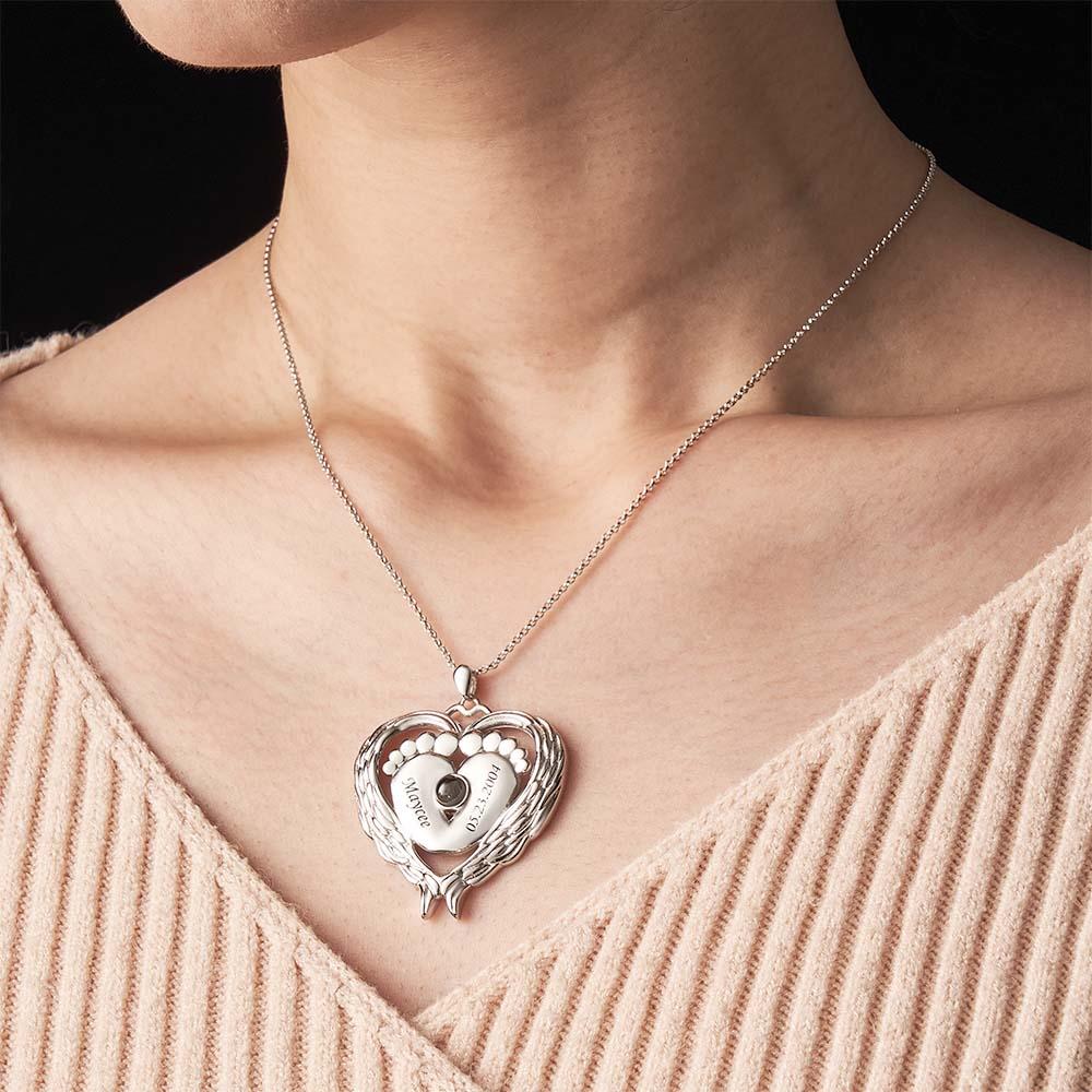 Custom Projection Name Necklace Angel Wings Baby Feet Gift for Mom