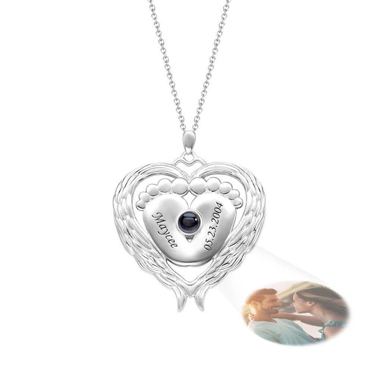 Custom Projection Name Necklace Angel Wings Baby Feet Gift for Mom