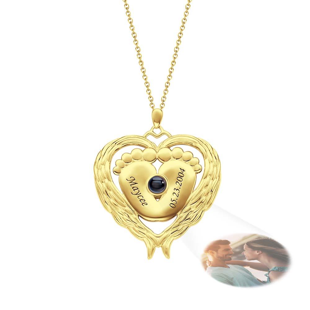 Custom Projection Name Necklace Angel Wings Baby Feet Gift for Mom