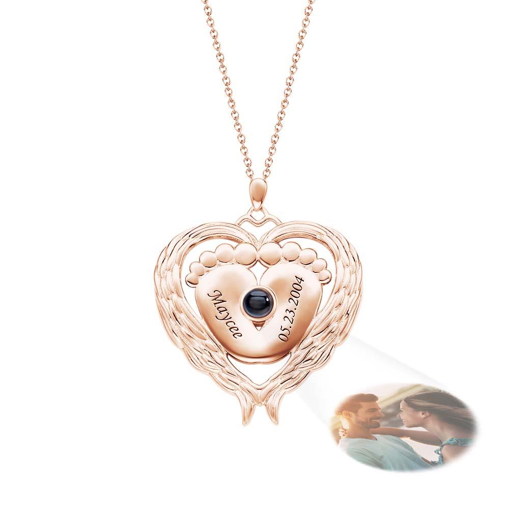 Custom Projection Name Necklace Angel Wings Baby Feet Gift for Mom