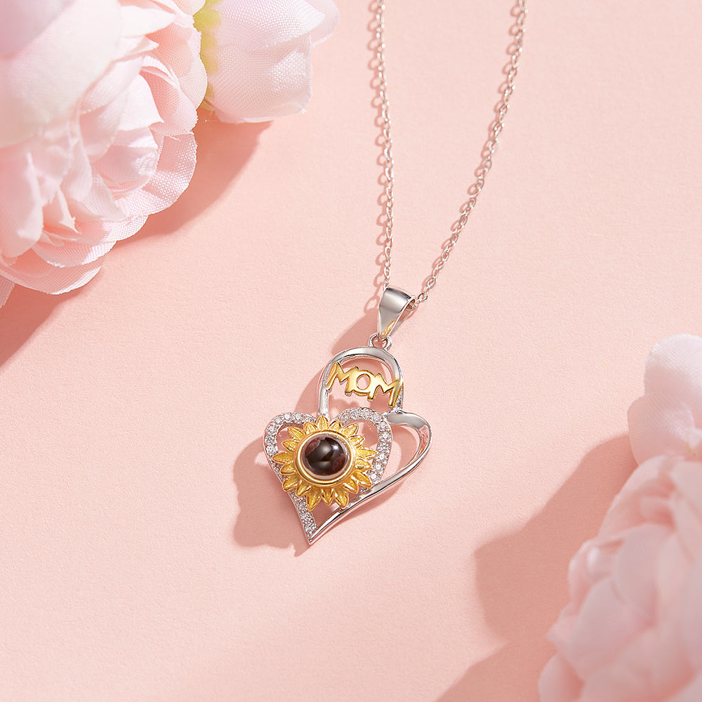 Personalized Photo Projection Necklace with Sunflower Elegant Cross Heart Design Best Mother's Day Gift