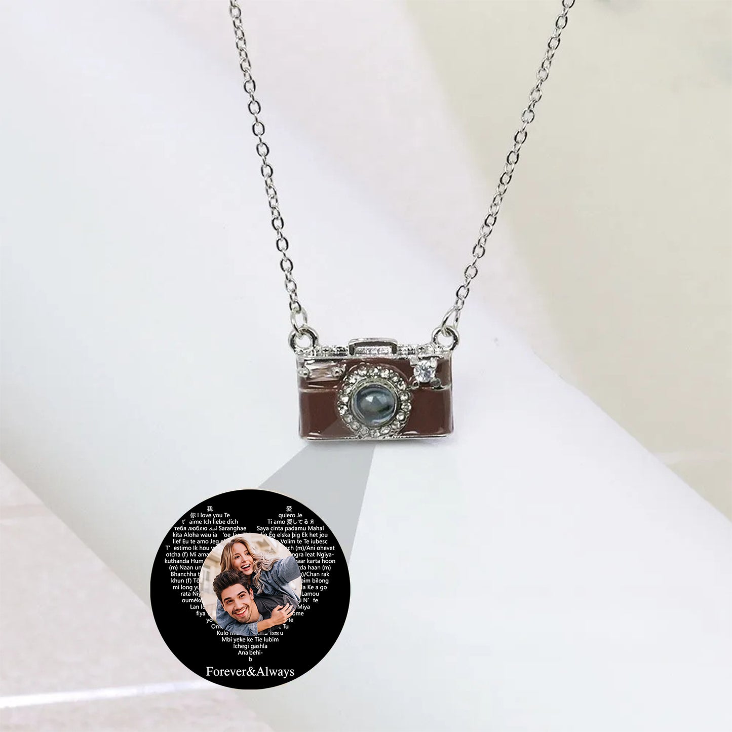 Personalized Photo Necklace I Love You 100 Languages Projection Gem Camera Necklace Anniversary Gifts for Her