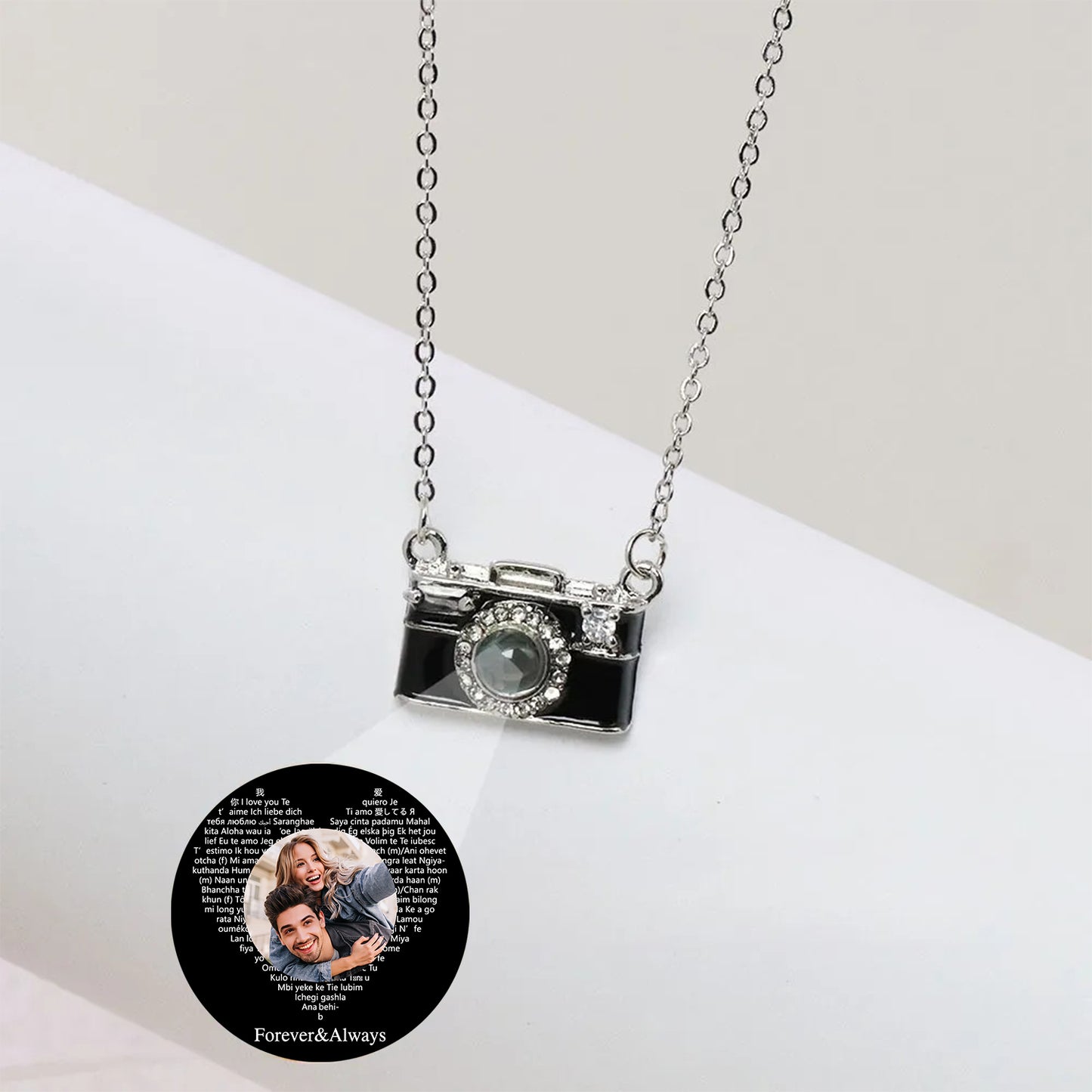 Personalized Photo Necklace I Love You 100 Languages Projection Gem Camera Necklace Anniversary Gifts for Her