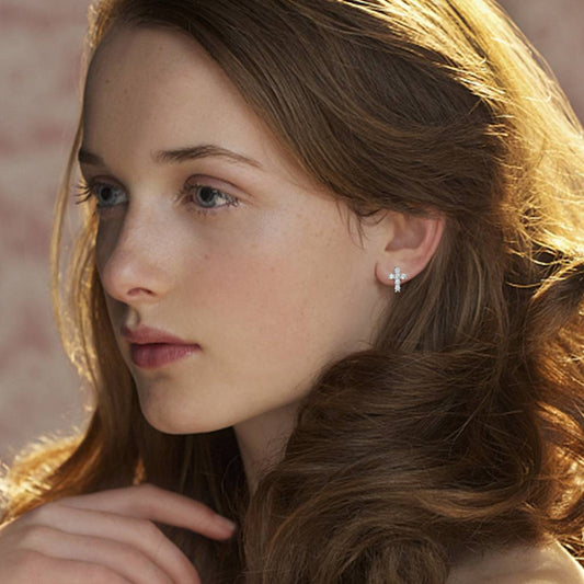 Initial Drop Earrings, Asymmetry Earrings Hollow Letter with Cross Platinum Plated - Silver