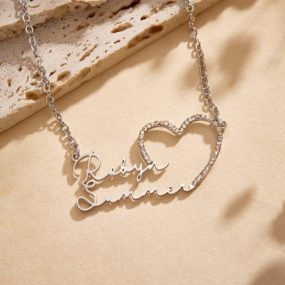 Custom Double Name Necklace Heart Iced Name Hollow Out Necklace Jewelry Gift For Her