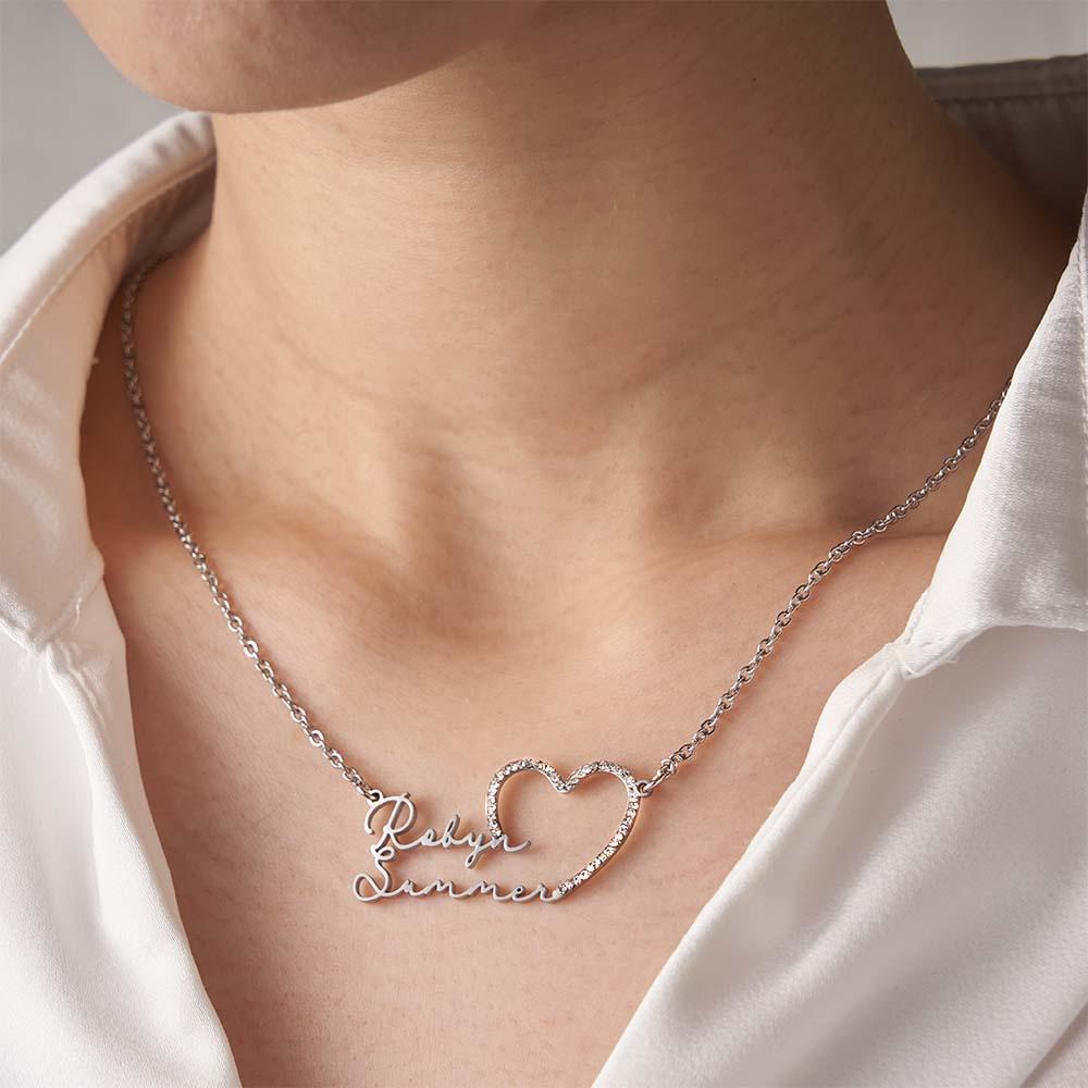 Custom Double Name Necklace Heart Iced Name Hollow Out Necklace Jewelry Gift For Her