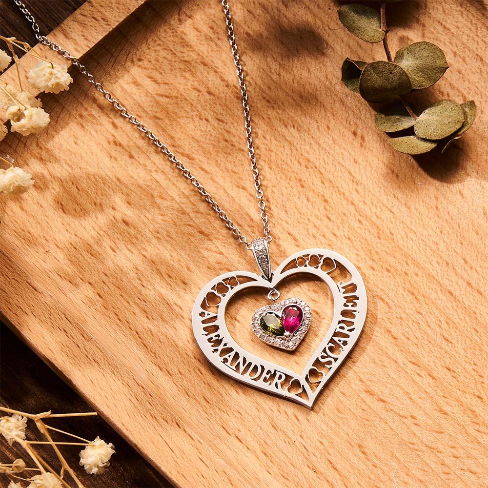 Name Birthstone Necklace Hollow Heart Pendant Jewelry Gifts For Women