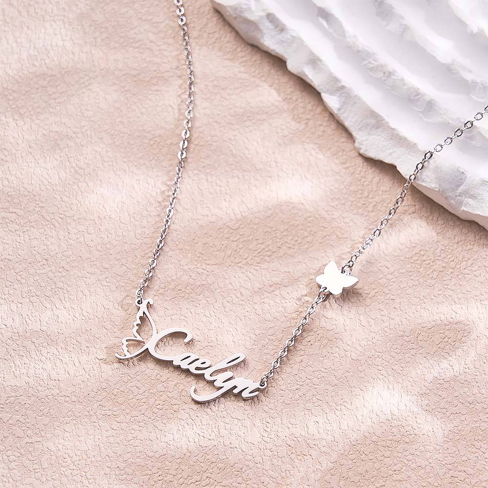 Customized Name Necklace Butterfly Necklace for Women Handwriting with Sideways Butterfly Charm Elegant Butterfly Design Gift for Friend