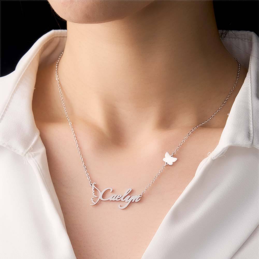 Customized Name Necklace Butterfly Necklace for Women Handwriting with Sideways Butterfly Charm Elegant Butterfly Design Gift for Friend