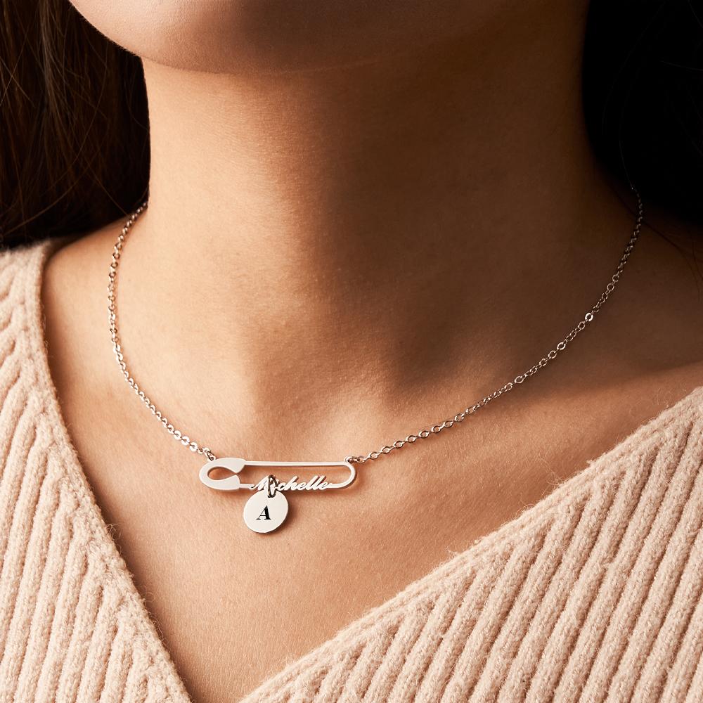 Personalized Text Name Necklace for Women Safety Pin Style Minimalist Name Necklace Gift for Women
