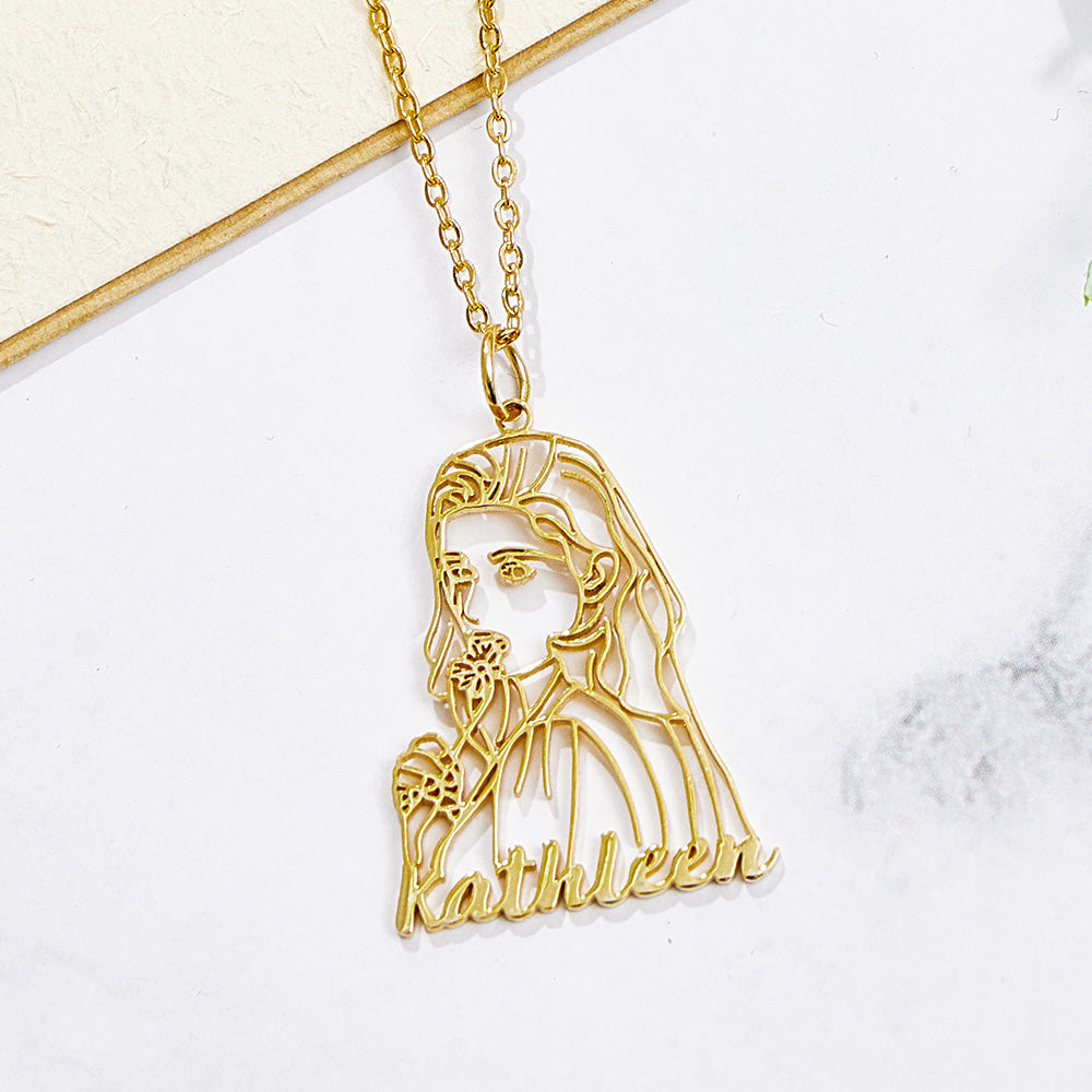 Personalized Name Portrait Line Art Drawing Necklace for Her