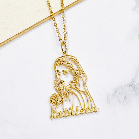 Personalized Name Portrait Line Art Drawing Necklace for Her