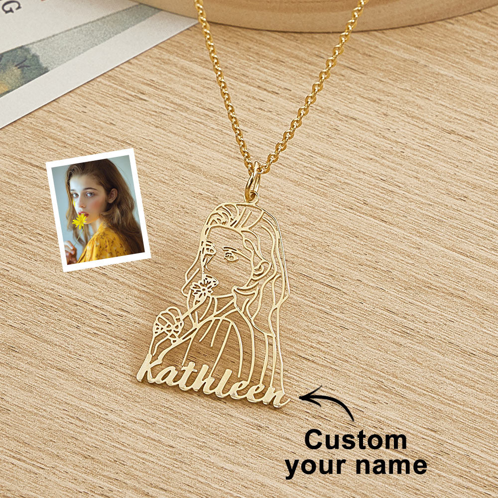 Personalized Name Portrait Line Art Drawing Necklace for Her