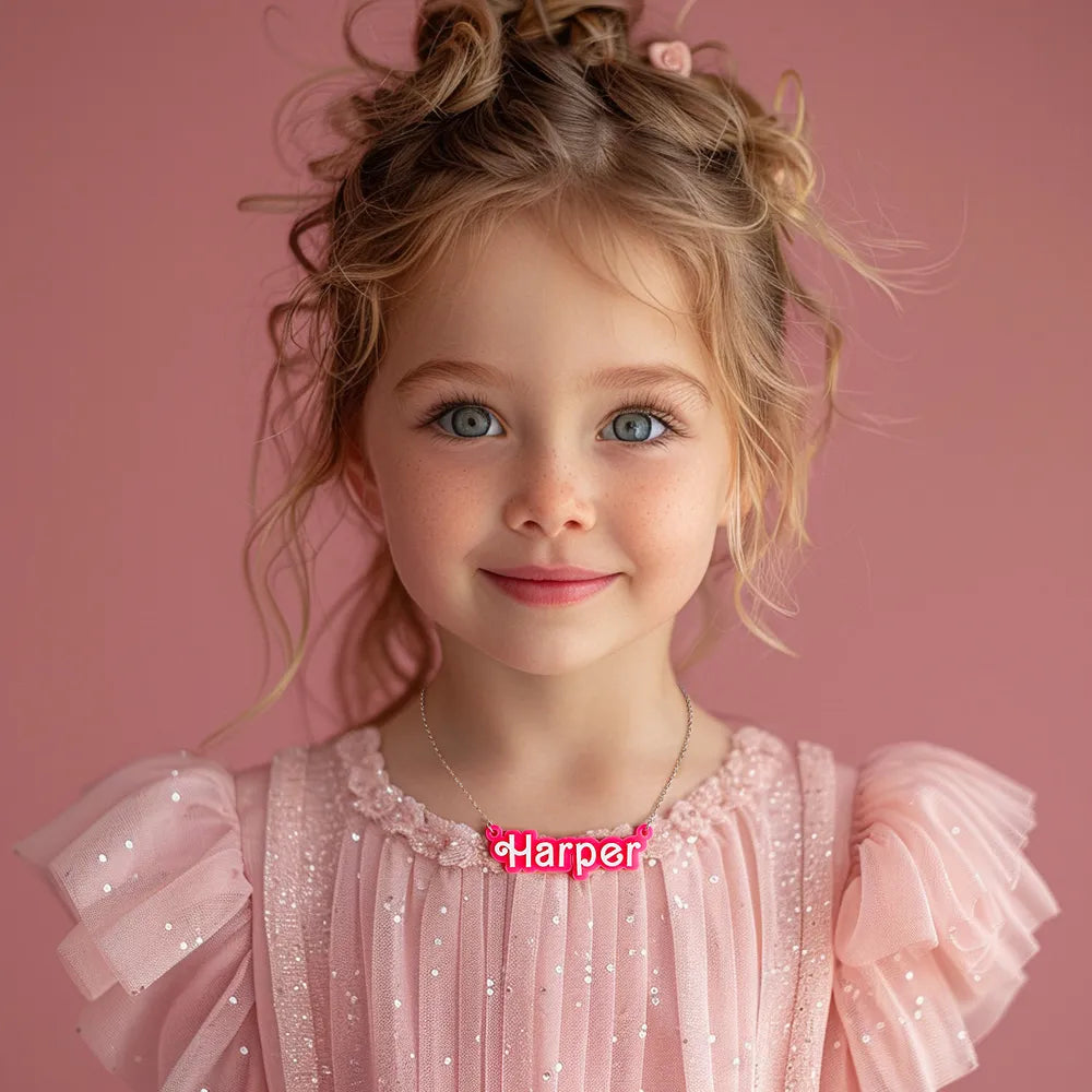 Personalized Pink and White Barbi Doll Acrylic Necklace with Name Christmas Birthday Valentine's Day Gift for Her